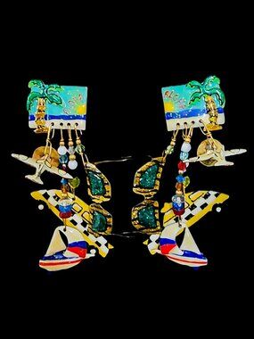 Vtg Lunch at the Ritz Aloha Vacation Dangle Clip On Earrings World Traveler RARE